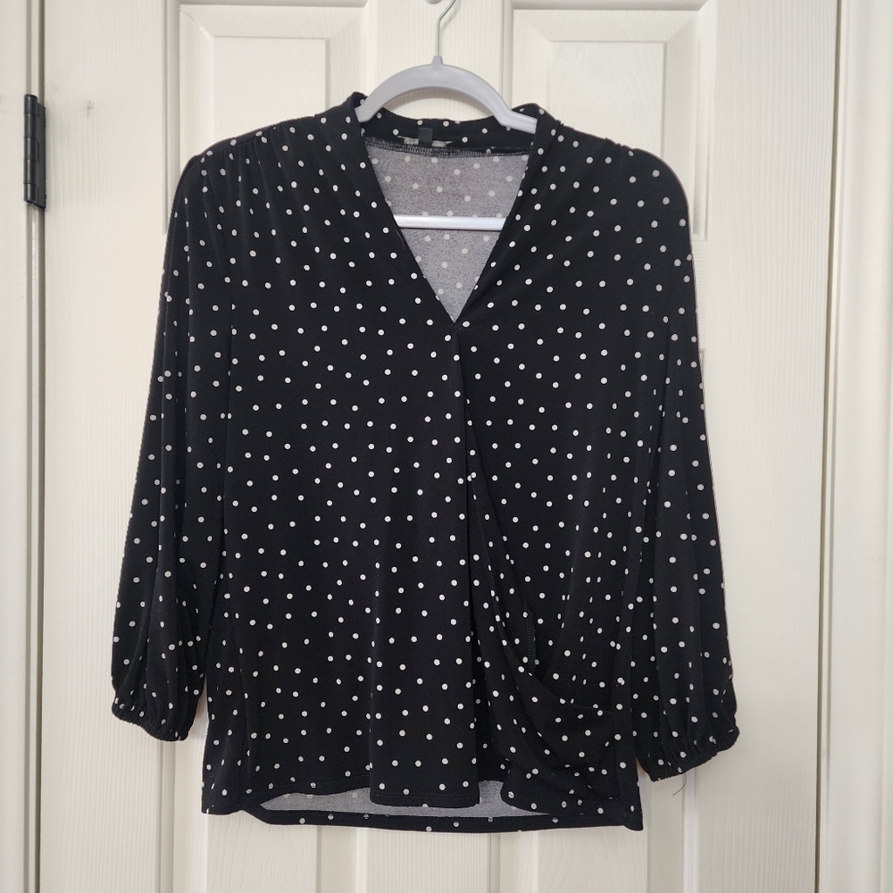 Adriana Papell Chic Black Polka Dot Blouse Size Medium